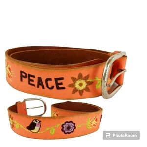 Vintage Linea Pelle distress leather embroidered Peace Birds Flowers belt